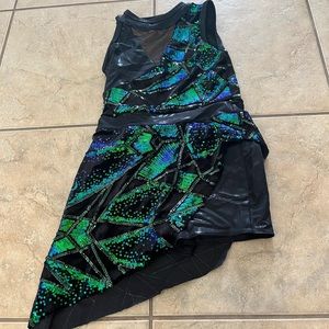 blueish green and black one piece with skirt